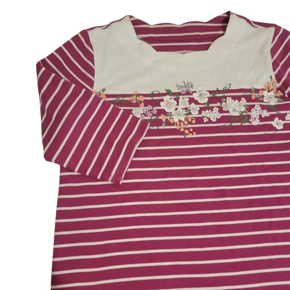 Blair Womens Small Striped Floral Tunic Top 3/4 Sleeves Burgundy & White Cotton - Picture 7 of 13